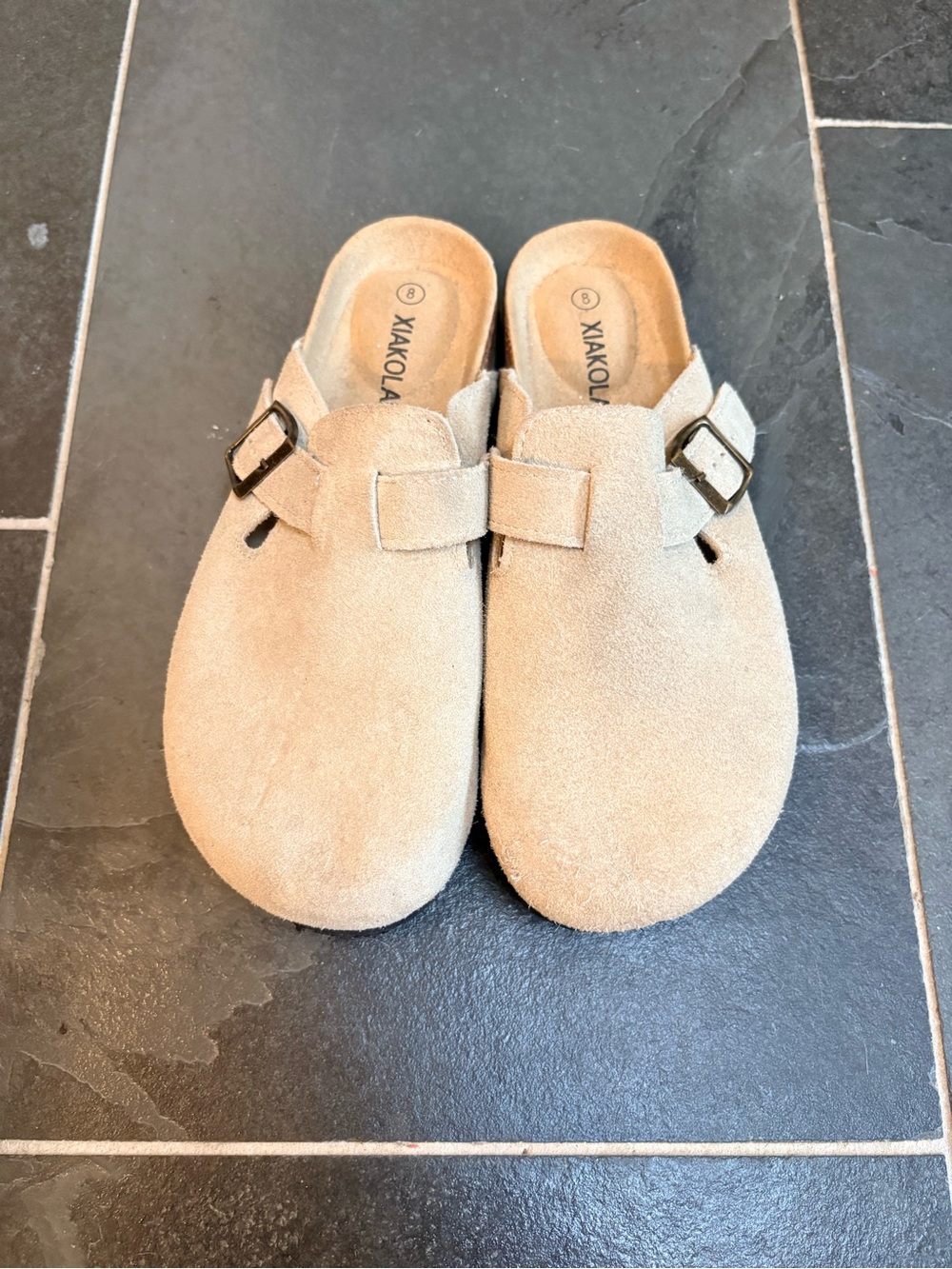 Women's Beige Suede Slip-On Clogs with Buckle